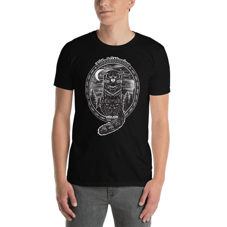 May include: Black t-shirt with a white graphic of a black cat sitting in a circle with the text "Midnight" and a crescent moon.
