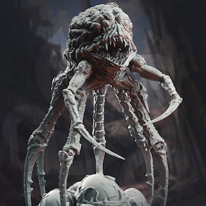 May include: A detailed, gray, 3D printed model of a monstrous creature with multiple legs and sharp claws. The creature has a textured, organic appearance and a menacing expression.