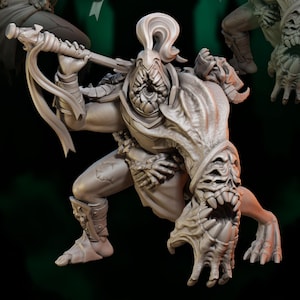 May include: A detailed, gray 3D-printed miniature of a monstrous figure, posed dynamically with a weapon. The creature has a grotesque face, armor, and a flowing, ribbon-like element. The background is a dark green with a castle silhouette.