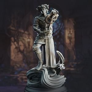 May include: A gray, detailed figurine of a person with horns, wearing armor and a long robe, holding a staff. The figurine is standing on a base with a swirling design.