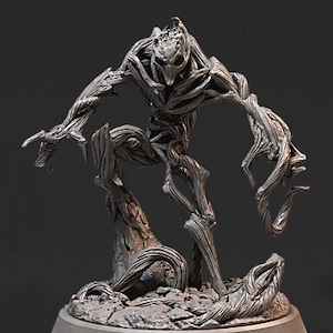 May include: A detailed, gray, sculpted figurine of a creature made of branches and vines. The creature has a humanoid form with long, spindly limbs and a head with a sharp beak. The figurine is posed in a dynamic stance, with one arm raised and the other extended. The creature is standing on a base made of sculpted rocks and vines.