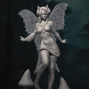 May include: A gray, detailed figurine of a fairy with wings, standing on a tree stump surrounded by mushrooms. The fairy has long hair, pointed ears, and is wearing a flowing dress.