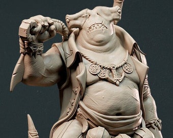 May include: A detailed figurine of a shark-like creature wearing a pirate's outfit, holding a rope and standing on a cannon. The creature has a large belly and a toothy grin.