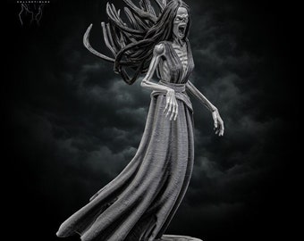 May include: A detailed, gray, skeletal figure of a woman with long, flowing hair, wearing a long dress and standing on a circular base. The figure has a distressed, ghostly appearance.
