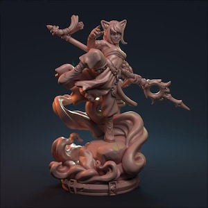 May include: A painted miniature figurine of a female character with cat ears, wearing a flowing robe and holding a staff with a ring at the end. The character is standing on a cloud-like base.