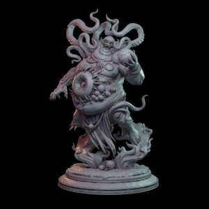 May include: A gray, detailed, 3D printed miniature of a grotesque, monstrous creature with multiple tentacles, a large eye on its belly, and a skull-like face. The creature is holding a sphere in its hand and is standing on a base with flames and skulls.