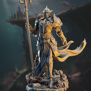 May include: A detailed figurine of a warrior in ornate armor, holding a trident. The figure is predominantly gold and blue, standing on a rocky base with coral. The background suggests an underwater scene with a blurred landscape.
