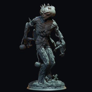 May include: A green and brown Halloween creature with a pumpkin head and vines. The creature is standing on a base with a small cross and pumpkins.