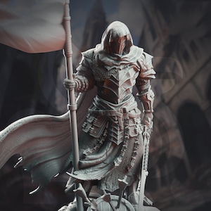 May include: A gray, hooded figure in armor holds a flag and a sword. The figure is standing on a base with a textured surface. The figure is wearing a cloak and has a helmet with a visor. The figure is holding a sword in its right hand and a flag in its left hand.
