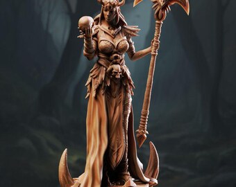 May include: A detailed brown figurine of a woman holding a skull and a staff with a skull-shaped top. The woman wears a crown, armor, and a flowing gown. The base features skull details and large horns.