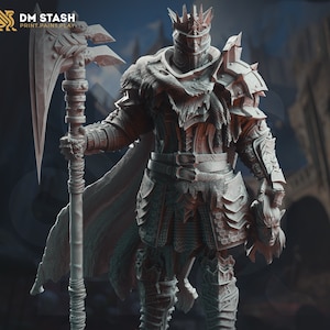 May include: A detailed miniature figurine of a knight in full armor, holding a large axe. The knight is wearing a crown and a tattered cloak. The figurine is painted in a gray color scheme.