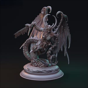 May include: A detailed figurine of a demonic creature with large wings, horns, and a tail. The figure is holding a sword and is standing on a circular base. The color palette is primarily shades of gray and brown.