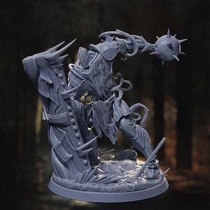 May include: A gray, detailed figurine of a fantasy creature, possibly a warrior or monster. It has spiky armor, a mace-like weapon, and intricate detailing. The figure is posed dynamically on a round base, suggesting action.
