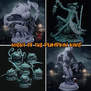 May include: A collection of grey and teal resin tabletop gaming miniatures titled NIGHT OF THE PUMPKIN KING. The set features various figures including a scarecrow holding a lantern, a tall spindly creature, and several small pumpkin monsters.