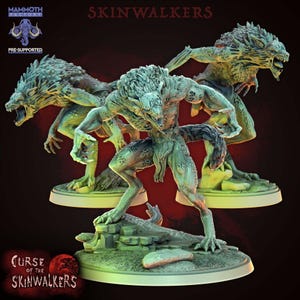 May include: Three detailed, green-toned Skinwalker figurines in dynamic poses, with snarling faces and muscular builds. The figures are on round bases, with the text "CURSE OF THE SKINWALKERS" and "SKINWALKERS" visible. The Mammoth Factory logo is in the upper left corner.
