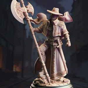 May include: A detailed miniature figurine of a person wearing a long, ornate robe and a wide-brimmed hat, holding a large axe with intricate carvings. The figurine is posed in a dramatic stance, with the axe raised above their head.