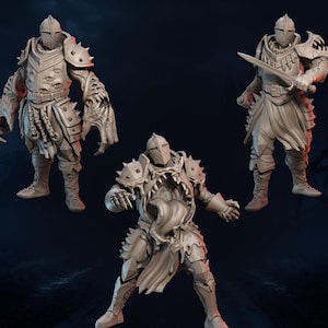 May include: Three detailed, gray fantasy figurines of armored knights. One knight holds a sword, while the others have claw-like hands. The armor features spikes and intricate designs, suggesting a medieval or fantasy theme.