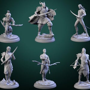 May include: Six gray fantasy figurines, each posed on a circular base. The figures include a goblin with a curved blade, a warrior with a sword and shield, and archers with bows and crossbows. The figures are detailed and ready for painting.
