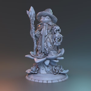 May include: A gray figurine of a frog wizard wearing a hat and holding a staff and lantern. The wizard stands on a large flower base with detailed floral accents. The statue is a fantasy-themed collectible.