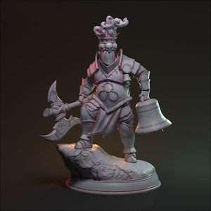 May include: A white, detailed miniature figurine of a knight wearing armor and holding a bell and an axe. The knight has a skull-like helmet and a crown with flames on top. The figurine is standing on a rocky base.