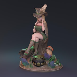 May include: A detailed figurine of a seated witch with blonde hair, wearing a green outfit and a brown hat adorned with feathers. A cauldron, crystals, and mushrooms are at the base. The figure is on a round base.