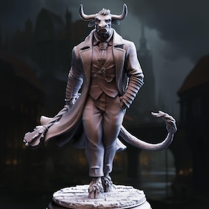May include: A detailed figurine of a minotaur, a mythical creature with a bull's head and a human body, dressed in a long coat, vest, and trousers. The figure has horns, a tail, and is standing on a cobblestone base. The overall color is a muted gray.