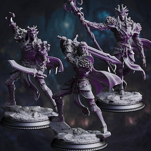 May include: Three detailed fantasy figurines in shades of purple. Each figure is posed dynamically, holding weapons such as swords and a staff. They stand on rocky bases, with intricate armor and flowing capes, suggesting a warrior theme.