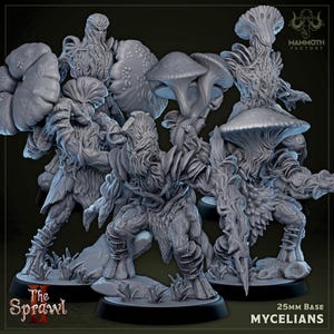 May include: A collection of gray, detailed Mycelians miniatures, each with a mushroom-like appearance. The figures are posed in various stances, with textured surfaces and intricate designs. The base size is 25mm. The Sprawl and Mammoth Factory logos are visible.