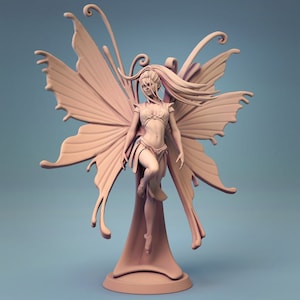 May include: A pink figurine of a fairy with large butterfly wings. The fairy is standing on a base with a flowing skirt.