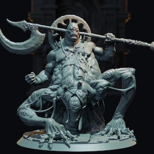 May include: A gray, detailed miniature figurine of a monstrous creature with a large axe. The creature is depicted with a grotesque, fleshy body and a large, menacing head. The axe is held in the creature's right hand, and the creature's left hand is raised in a threatening gesture.