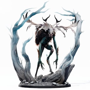 May include: A detailed figurine of a tall, slender creature with a skull-like head and large, branching antlers. The figure has dark fur, teal skin, and sharp claws, standing amidst pale, twisted, leafless trees on a rocky, circular base.