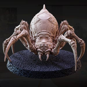 May include: A detailed, beige-colored spider-like creature with multiple legs and a segmented body. The creature has a textured surface and is posed on a dark, circular base. The design features intricate details, suggesting a fantasy or sci-fi theme.