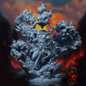May include: A gray, detailed miniature figurine of a humanoid figure with four arms, surrounded by flames. The figure is wearing a flowing robe and holding a flaming orb above its head. The figurine is set on a base with rocky details.