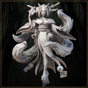 May include: A detailed, gray-toned sculpture of a female figure in a flowing kimono. The figure has fox-like features, with fox ears and a fox mask. Two swords are positioned behind the head. The figure is standing on platform shoes, with long, flowing tails.