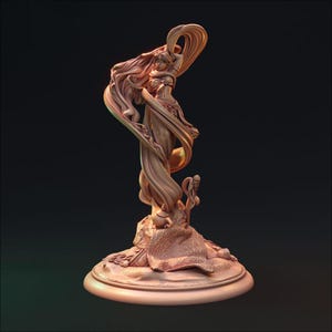 May include: A bronze-colored figurine of a woman with flowing hair and a flowing robe. She is standing on a base with a lamp and a sword.