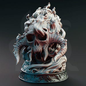 May include: A detailed sculpture of a skull with large horns and a fiery, smoke-like design. The skull has visible teeth and is set on a decorative base. The color palette includes shades of gray, red, and white.