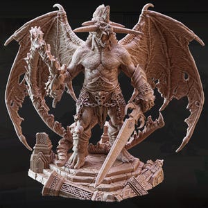 May include: A detailed, beige-colored figurine of a demonic creature with large wings, horns, and a sword. The figure is standing on a stone base with intricate carvings. The creature is muscular and has a menacing expression.