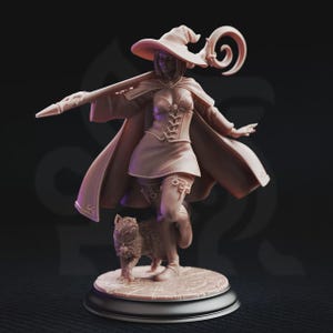 Female Human Wizard Miniature, Witch Sorceress with Cat Familiar, Fantasy RPG Character