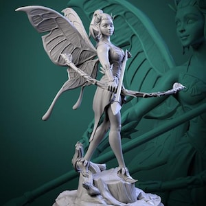May include: A white painted figurine of a fairy with butterfly wings, holding a bow and arrow. The fairy is standing on a tree stump base.