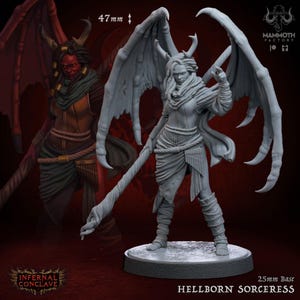 May include: A detailed miniature figure of a Hellborn Sorceress with large, detailed wings, horns, and a staff. The figure is on a 25mm base and is wearing a draped outfit. The image includes the text "HELLBORN SORCERESS" and "INFERNAL CONCLAVE".