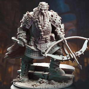 May include: A detailed miniature figurine of a dwarf warrior, sculpted in gray resin. He wears a detailed armor with a fur-lined cloak and holds a crossbow in his hands.