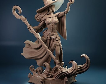 Witch Miniature, Arcane Sorceress Wizard Figure, Fantasy Spellcaster, Witch with Staff and Familiar, DnD Pathfinder Tabletop RPG Hag Mini