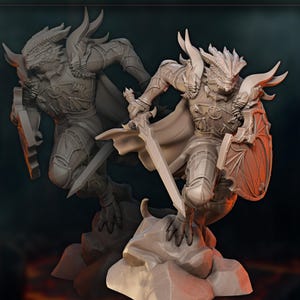 May include: A detailed figurine of a dragon warrior in armor, holding a sword and shield. The dragon-like creature is depicted in a dynamic pose, with intricate details on the armor and scales. The figurine is mounted on a rocky base.