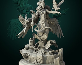 May include: A gray, detailed, sculpted figurine of a woman with wings and a headdress, holding a lantern and surrounded by crows. The figurine is standing on a rocky base.