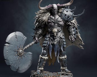 May include: A grey-toned fantasy figurine of a muscular humanoid warrior with large curved horns, wearing spiked armor and a fur-lined cape. The figure holds a massive circular axe and stands on a 50mm base with the text DOOMCHAINED printed on it.