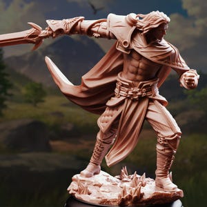 May include: A detailed figurine of a warrior in a dynamic pose, holding a sword. The figure is clad in armor and a flowing cape, with intricate details. The color is a muted brown, set against a blurred landscape background.