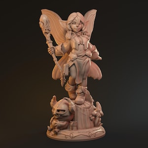 May include: A detailed figurine of a female fantasy character with large wings, holding a staff with a skull-shaped top. The figure is standing on a tree stump with a small, cartoonish creature and a helmet. The color is a light brown.