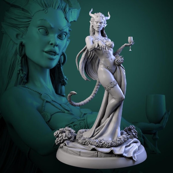 DnD Seductive Tiefling Mini - D&D Lust Demon Miniature - Hell Siren - Demoness Queen - Wine Goddess - Succubus Princess - 32mm Dnd Mini