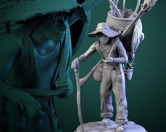 May include: A detailed sculpture of a person wearing a straw hat and carrying a basket filled with tools and walking sticks. The figure is dressed in simple clothing and holds a walking stick, suggesting a traveler or artisan theme.