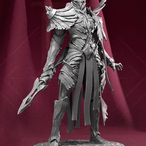 May include: A detailed gray figurine of a warrior in ornate armor, holding a sword. The figure has a helmet with horns and flowing fabric elements. It stands on a circular base against a burgundy backdrop.